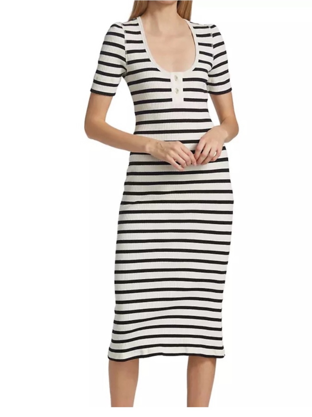 Ganni Black & Cream Striped Ribbed Midi Dress